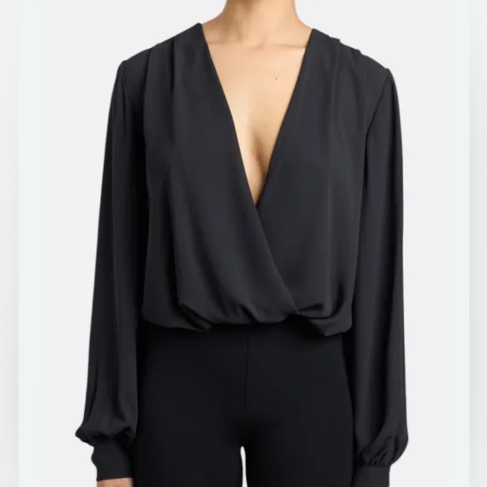 This is a Karen Mizrahi black wrap bodysuit with long sleeves